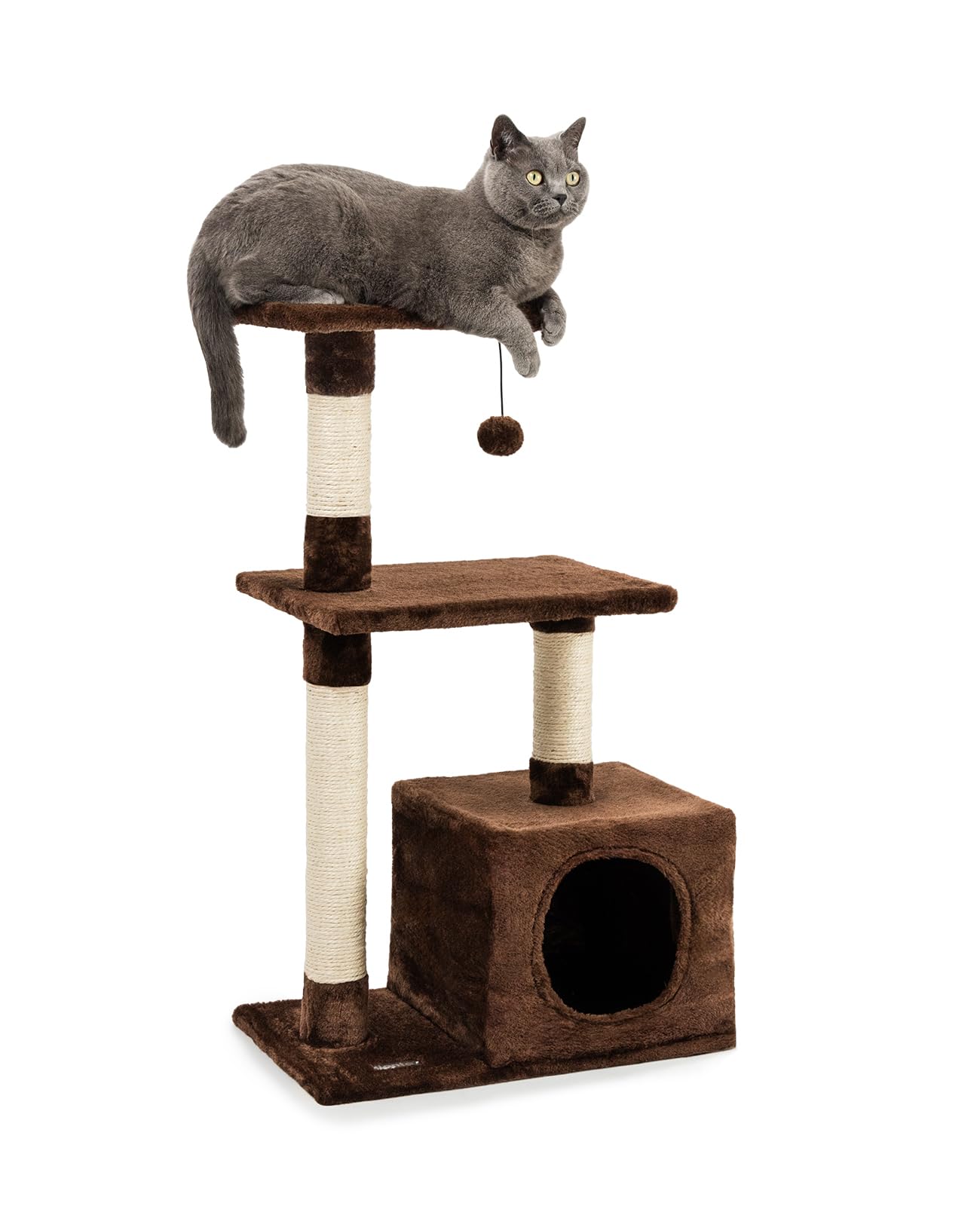 lionto Scratching tree for cats with cave and plush ball incl. bell, height 85 cm, cat tree with sisal & plush, cozy lying areas & cave, suitable for small & large cats, brown