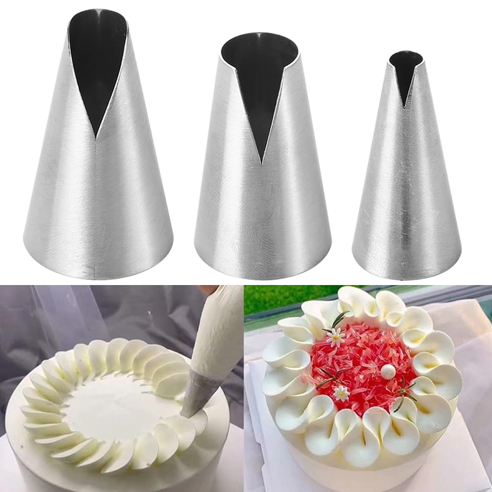 3Pcs Large Piping Nozzles Tip Set, V-Shape Stainless Steel Cake Icing Decorating Tips for DIY Cream Rose Flower Piping, Cupcake Pastry & Cake Decor(Size:S,M,L)