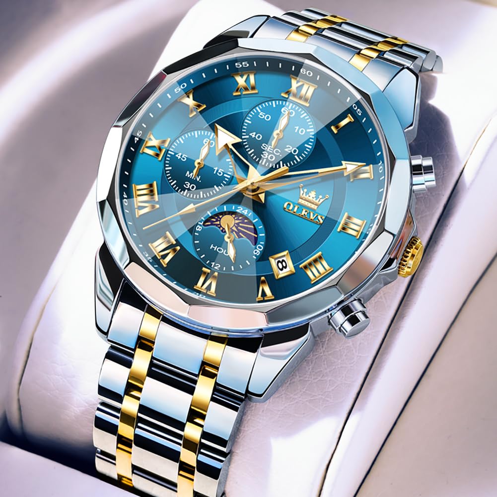 OLEVS Männer Uhr Quarz Luxus Business Uhren Multifunktion Chronograph Mondphase wasserdicht Leuchtend blaues Gesicht Silber Edelstahl Armbanduhren 2