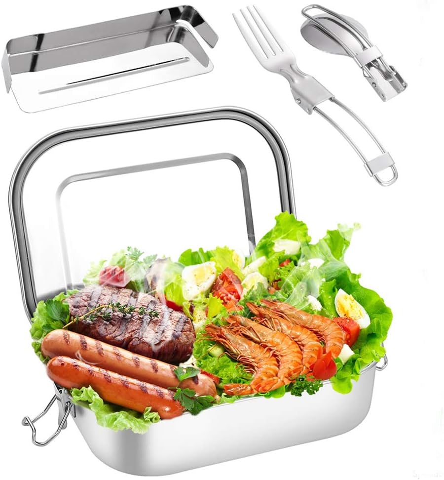 KWANITHINK Lunch Box, 1400ml Stainless Steel Bento Box with Compartment&Cutlery, Leak-proof Lunch Box Adults , Food Storage Containers Outdoor