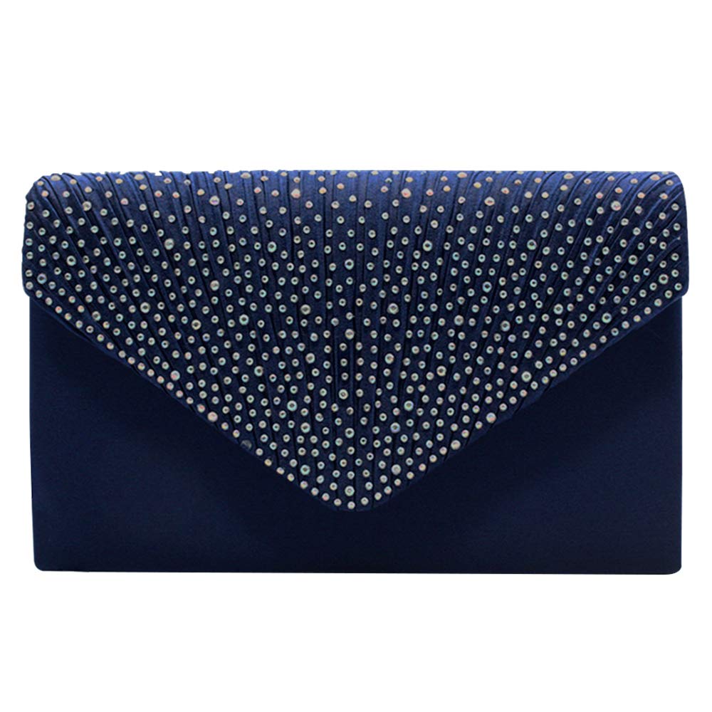 SteelFever Women Diamante Envelope Clutch Bag Evening Handbag Purse Wedding, Bridal, Prom, Party Shoulder Bag (Navy)