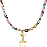 YOUFENG Initial Letter Necklaces for Women Colorful Beaded Gemstone Choker 14K Gold Plated Bamboo Letter Pendant Necklace Natural Stone Handmade Jewelry Gift