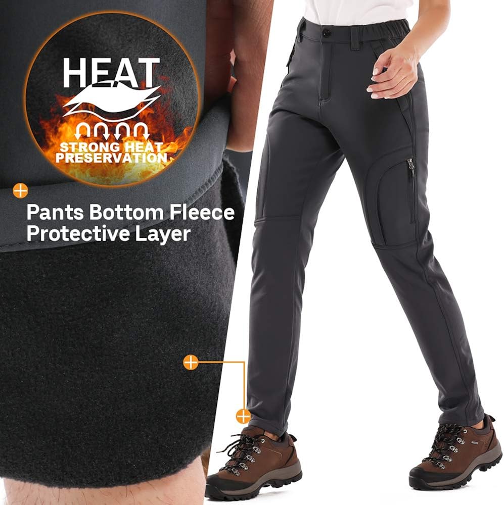 Women's Snow Fleece Soft Shell Insulated Waterproof Pants Warm Outdoor Cargo Hiking Pants: Clothing