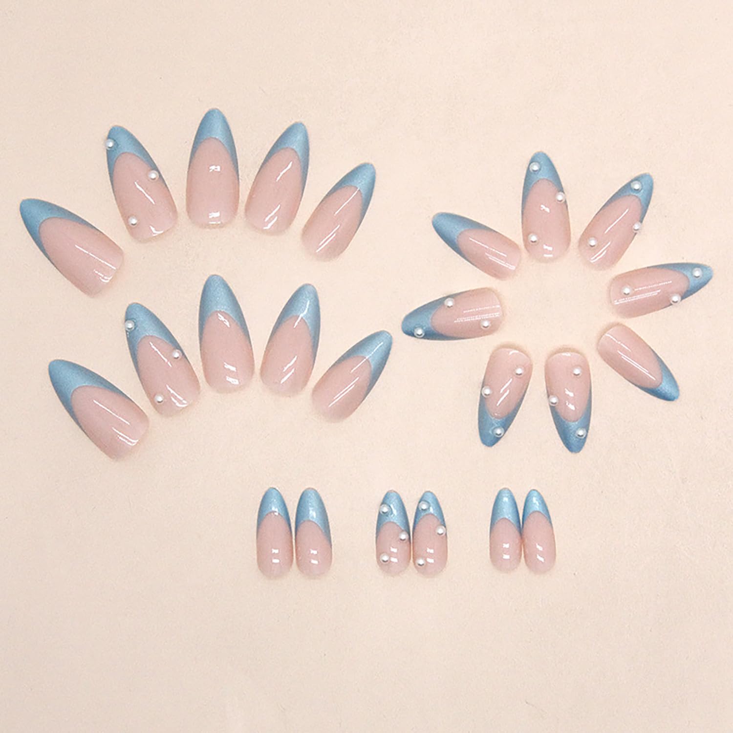 LOPMNGHT Blue French Tip Press on Nails Medium Almond Shaped False Nails Artificial Acrylic Nails Pearl Design French Fake Nails 24Pcs Full Cover Glossy Reusable Coffin Nails Glue on Nails for Women - Image 2