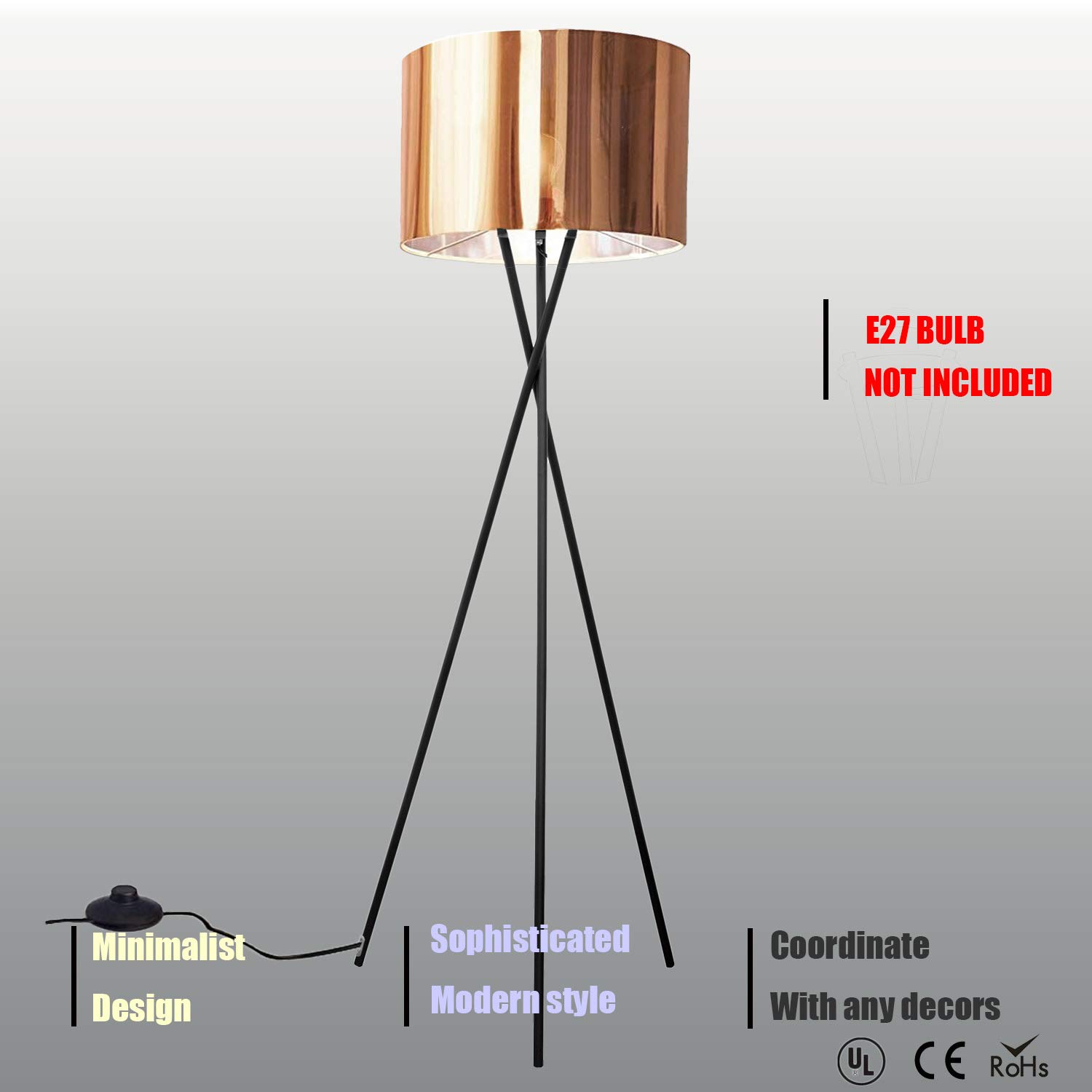 Floor lamp-Modern tripod floor Lamp with E27 Socket,Noble Stylish Floor Lamp in Black Copper, Ø 45 cm Lampshade and Max. 60W,157 cm Floor Lamp,Metal,for Living Room,Bedroom,Office