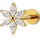 FINE4U ASTM F136 Titanium Flower Conch Helix Tragus Flat Piercing Jewelry with 16G 6mm 8mm Post