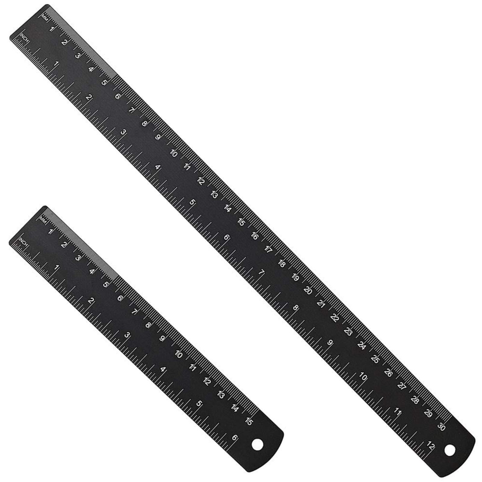 1Pcs 30cm&1Pcs 15cm Metal Ruler, Stainless Steel Black Metal Long Ruler with Conversion Table for School and Office Measuring
