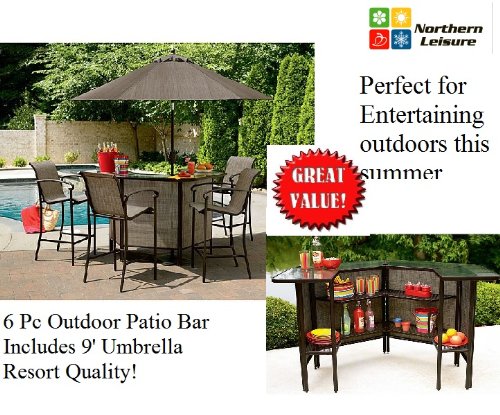 6 PC OUTDOOR BAR PATIO FURNITURE SET LAWN GARDEN PARTY CHAIRS W/ UMBRELLA