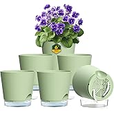 Meowell 6 inch Self Watering Pots for Indoor Outdoor Plants, 6 Pack Flower Plant Pots with Drainage Holes and Clear Reservoirs, Visible Water Level, Plastic Planters with Wicking Rope, Green
