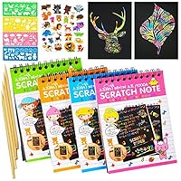 Scratch Art Notebooks; Scratch Art Rainbow Mini Notes; Scratch Magic Notes with 4 Colorful Mini Notebooks, 4 Wooden Styluses, 4 Drawing Stencils and Animal Stickers