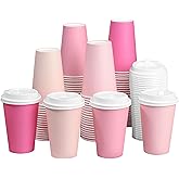 Purhapfre 80 Pcs 12 oz Pink Disposable Coffee Cups with Lids Hot Pink Light Pink Gradient Paper Cups for Hot and Cold Beverage Water Juice Coffee Tea Party Wedding Bride Shower Supplies …