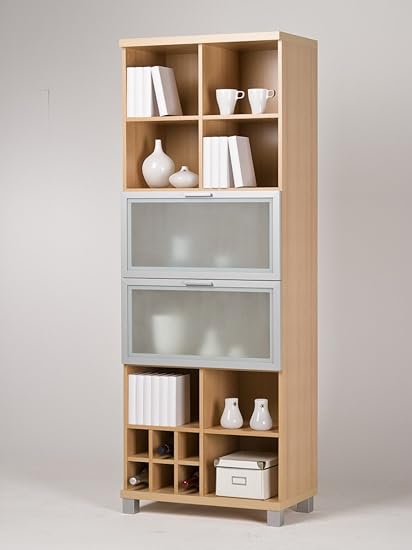 Exklusive Vitrine Schrank Standvitrine Buche satinierte Glastüren Rahmen alufarben