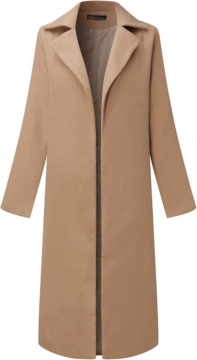 Auxo Women Trench Coat Long Sleeve Pea Coat Lapel Open Front Long Jacket Overcoat Outwear Cardigan: Clothing