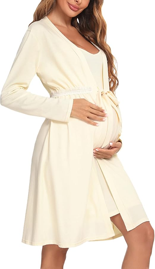 Aibrou Damen Geburt Stillnachthemd Baumwolle Umstandsnachthemd Langarm Stillkleid Set