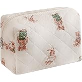 Cute Small Makeup Bag,Quilted Floral Cotton Cosmetic Pencil Pouch, Quilted Flowers Pencil Case with Zipper, Kawaii Travel Toiletry Bags for Purse(13White Bear)