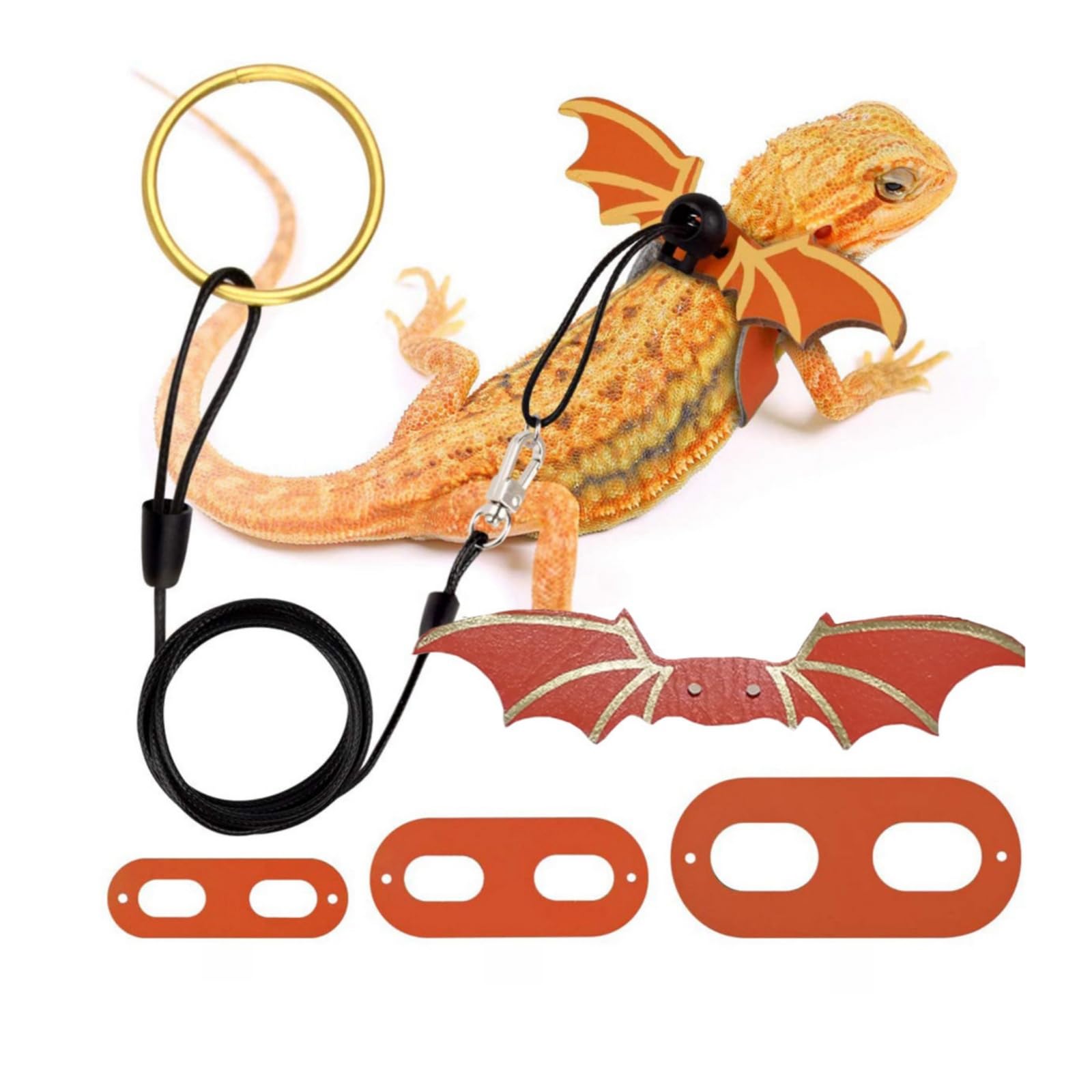 Adjustable Bearded Dragon Leash Harness,3 Size Pack Soft Leather Harness Lizards Leash with Wing for Small Medium and Large Lizard Reptiles Amphibians Animals (Orange)