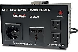 LiteFuze LT Series 2000 Watt Step Up/Down Voltage Converter Transformer - 110v to 220v / 220v to 110v Power Converter - Fully Grounded Cord - Universal Socket, CE Certified - 5 Year Warranty