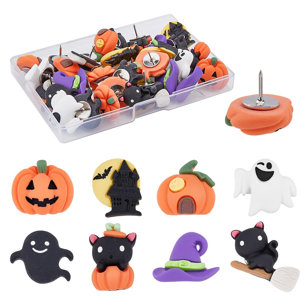 SUPERFINDINGS 4 Sets 8 Styles Halloween Theme Push Pins 32PCS Halloween Push Pins Pumpkin House Bat Ghost Witch Hat Decorative Push Pins For Wall Maps Layout Halloween Supplies Gifts