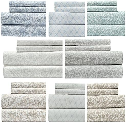 Paisley Print Bedding Sheet Set, 300 Thread Count 100% Cotton Printed Bed Sheet, Hotel Quality 4-Piece King sheet set, 15 inch Elastic Deep Pocket Fitted Sheet -by Weavely, King - Lance Paisley Grey