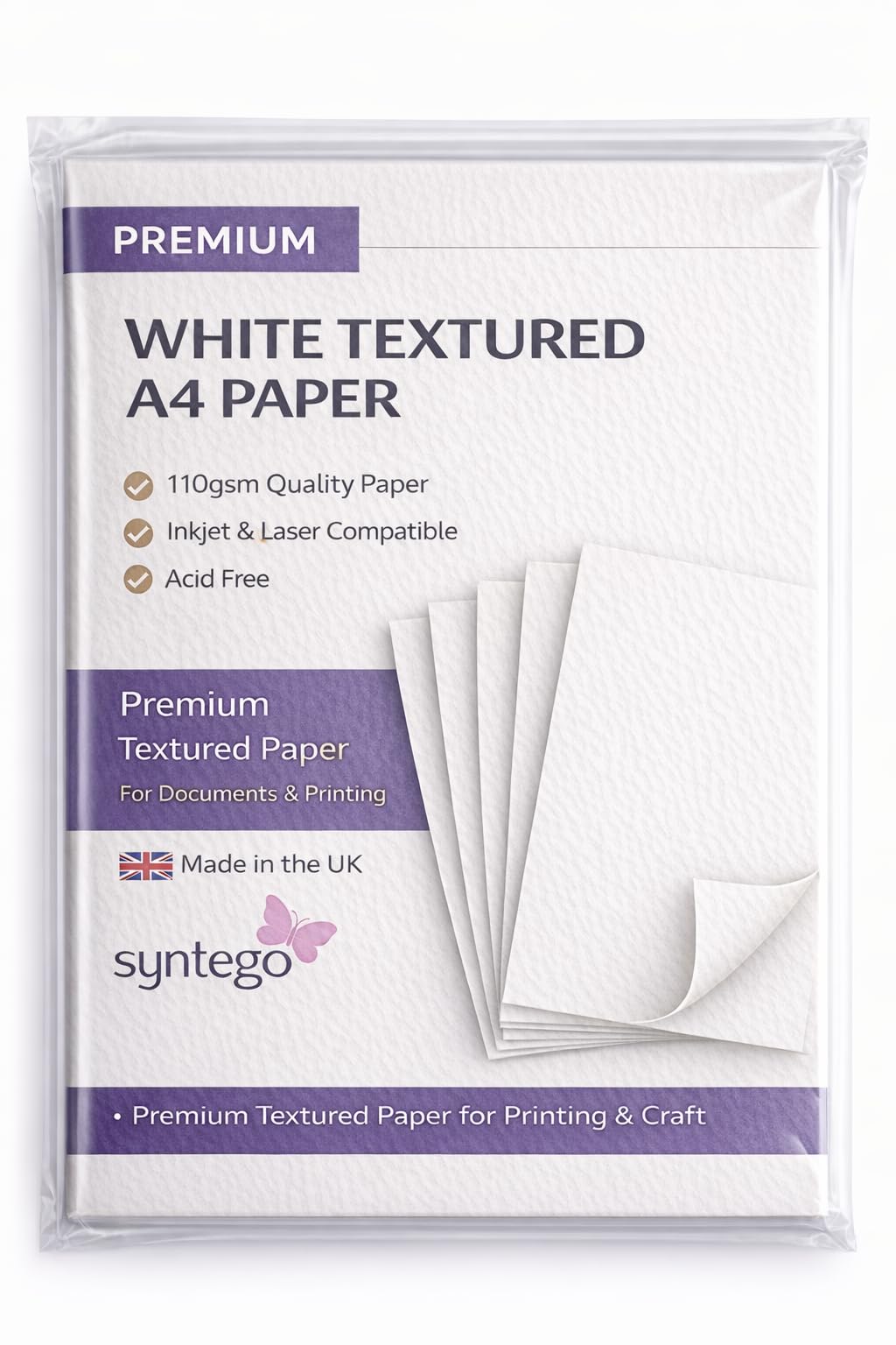 Syntego Textured A4 Paper 110gsm – Premium Printer Paper for Inkjet & Laser | Ivory & White Textured Paper for Invitations, Certificates, Menus & Craft (100, White)