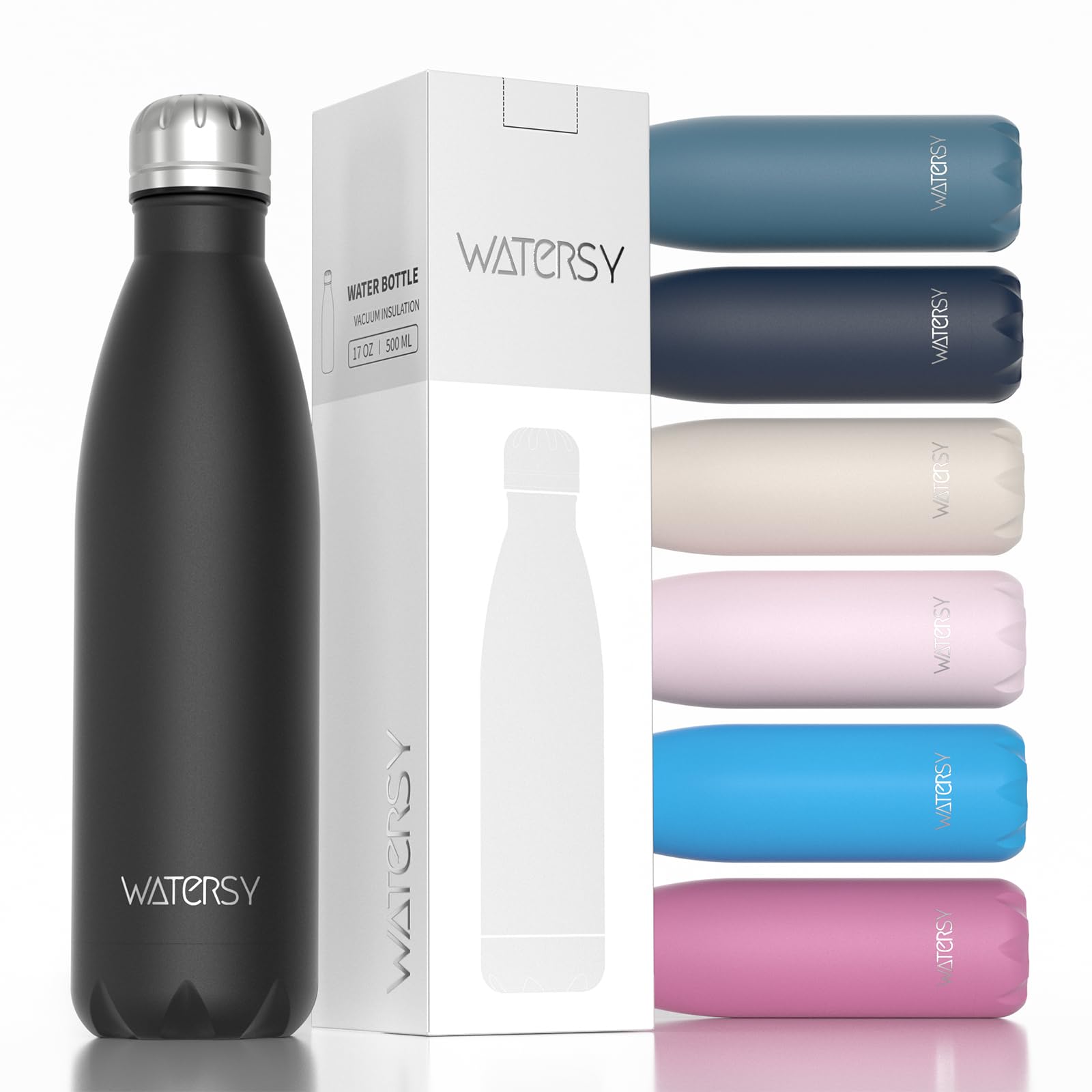 Stainless Steel Insulated Water Bottle, WATERSY Double Walled Metal Vacuum Flask Keep 24 Hrs Cold & 12 Hrs Hot Thermal Metal Sports Bottles 500ml BPA Free for Outdoor, Work, Gym, School (Black)