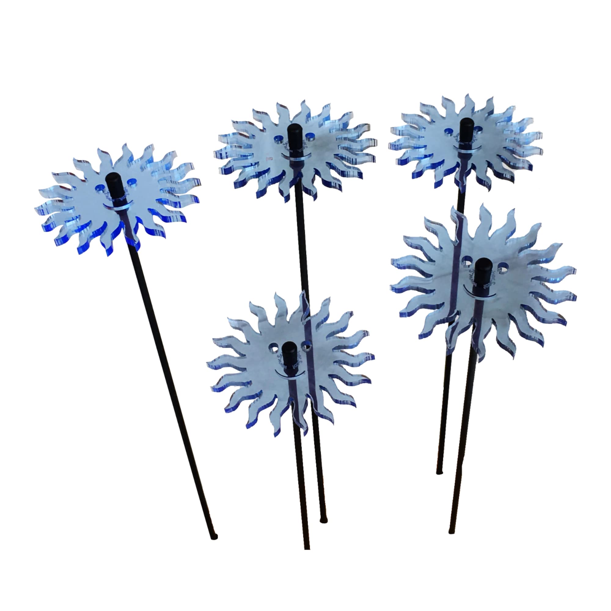SunCatcher Garden Decor Ornaments Smiling Suns, Set of 5 Decorative Garden Stakes, 25cm/10'' high Outdoor Accessory, Great Gardeners Gift, Colour:fluorescent Blue