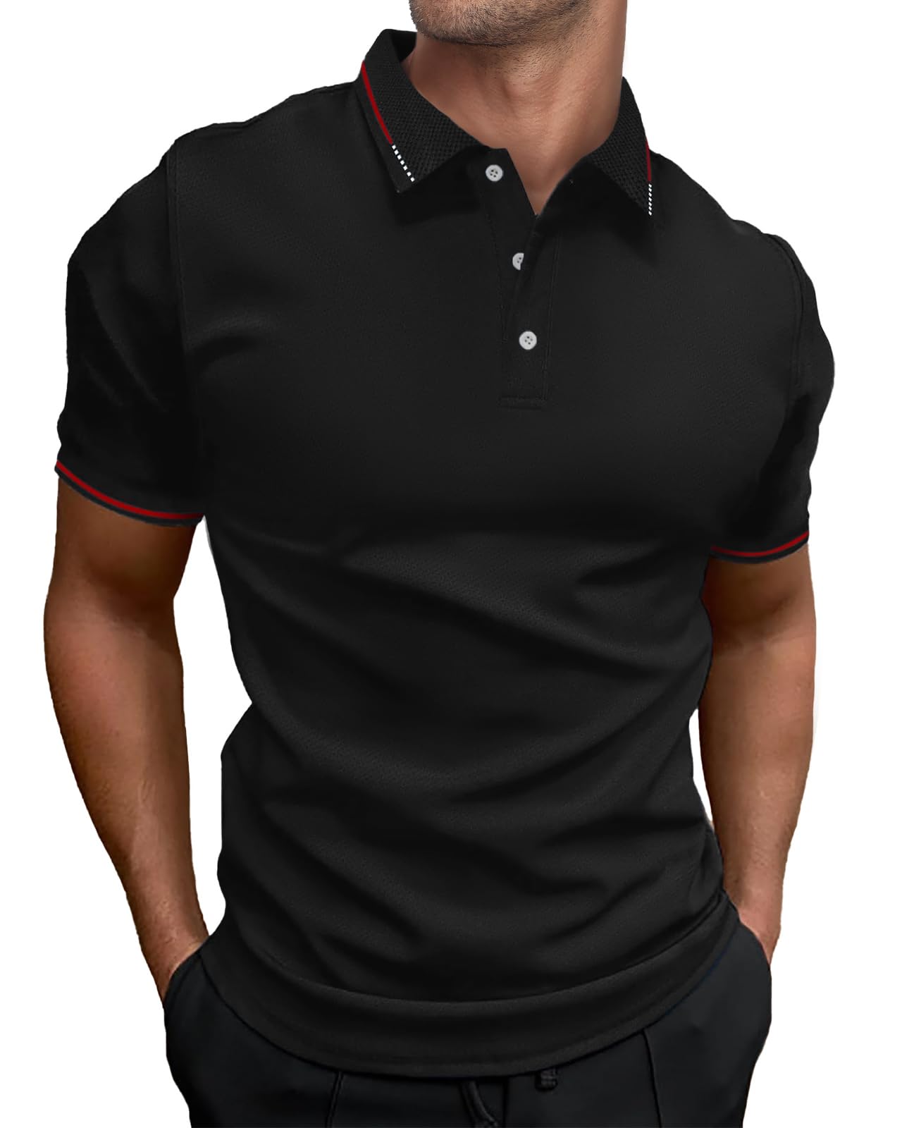 HMIYA Herren Poloshirt-Kontrast Kurzarm Polohemd Male Polo Klassisches,Schwarz,XL