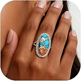 Uunuuo Boho Turquoise Rings for Women Western Turquoise Rings Silver Knuckle Statement Ring Stackable Wedding Ring Turquoises Jewelry Dresses Accessories