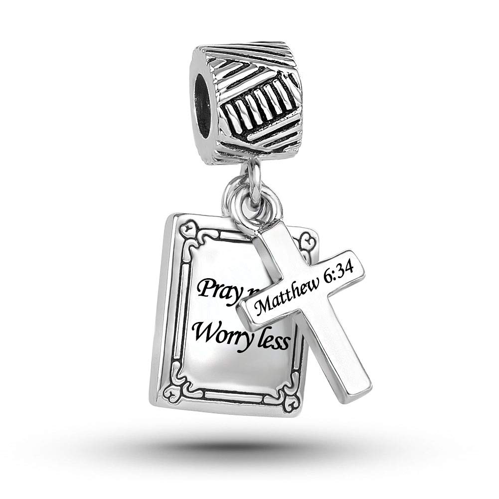 Matthew 6:34 Cross Bible Verse Charm fits Pandora Charms Bracelets Religion Birthday Jewellery Gift Pray More Worry Less