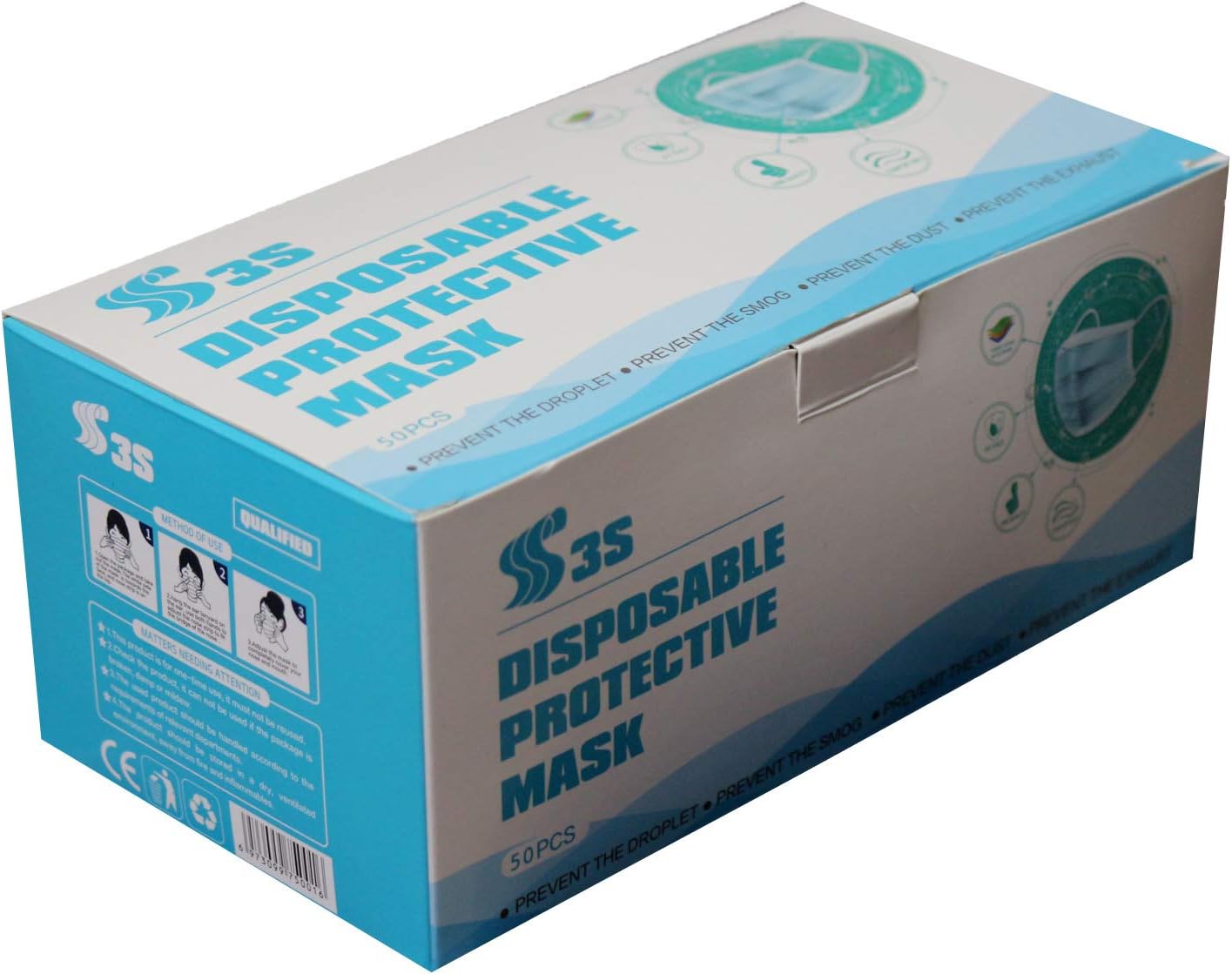 50 Disposable Face Masks,Breathable Three Layer Non-Woven Mask, Dust-Proof Respirator with Earmuffs for Germs,Pollen,Smoke,Dust,Pollen