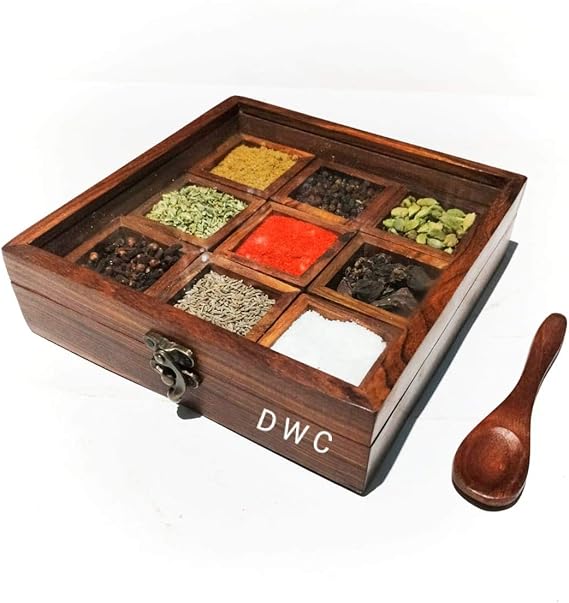Delux Wood Carver Spice Box with SpoonSpice Box for Kitchen Indian