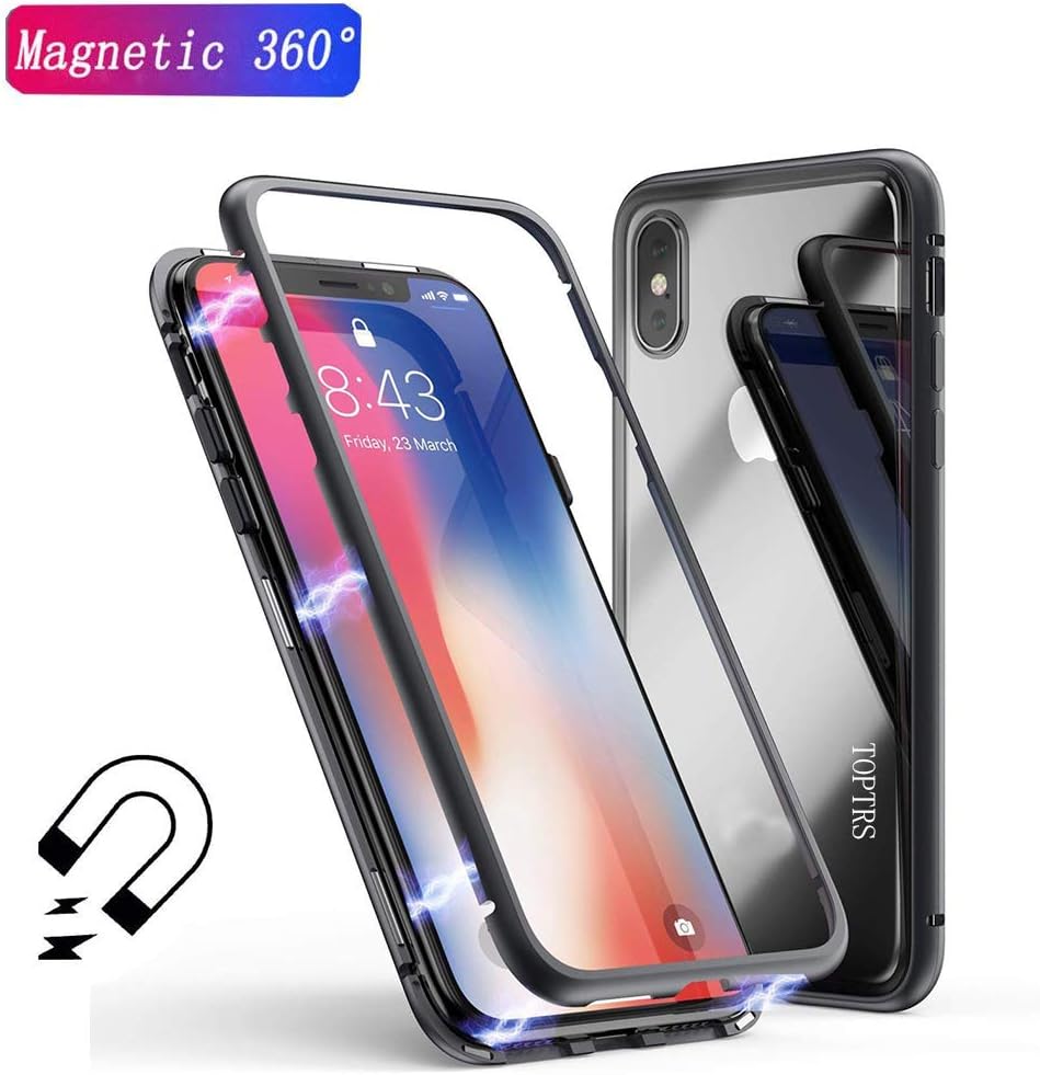 TOPTRS Magnetic Adsorption Cases for Huawei P20 Pro, Ultra Slim Shockproof Metal Frame Build-in Magnet + Tempered Glass Back Case Cover for Huawei P20 Pro