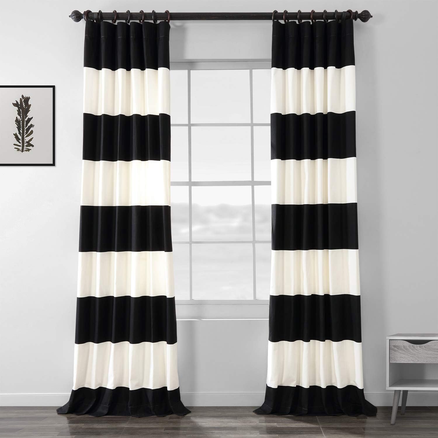 HPD Half Price Drapes Horizontal Striped Printed Curtains Cotton Curtains, 108 Inches Long (1 Panel) Room Darkening Window Curtains for Bedroom & Living Room, 50W x 108L, Black and Off White