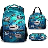 Sharecolor Shark Backpack with Lunch Box, Set of 3 School Backpacks Matching Combo, Cute Blue Bookbag and Pencil Case Bundle