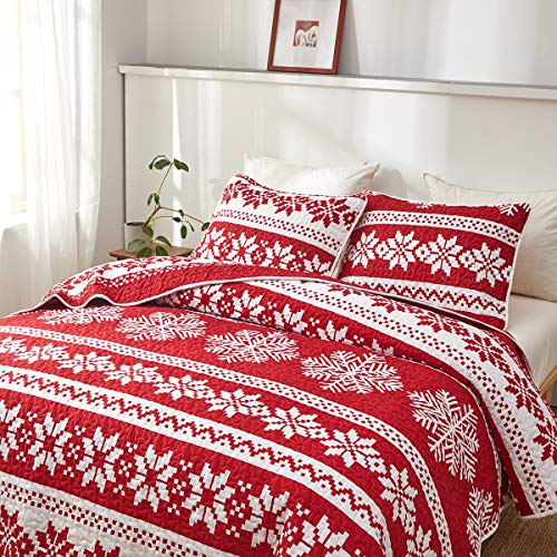 Uozzi Bedding Queen Quilt Set Christmas Red and White Snowflake Style Luxury Lightweight Coverlet Bedspread 1 Reversible Microfiber Quilt with 2 Pillow Shams for Holiday New Year Gift Choice - Thumbnail 5