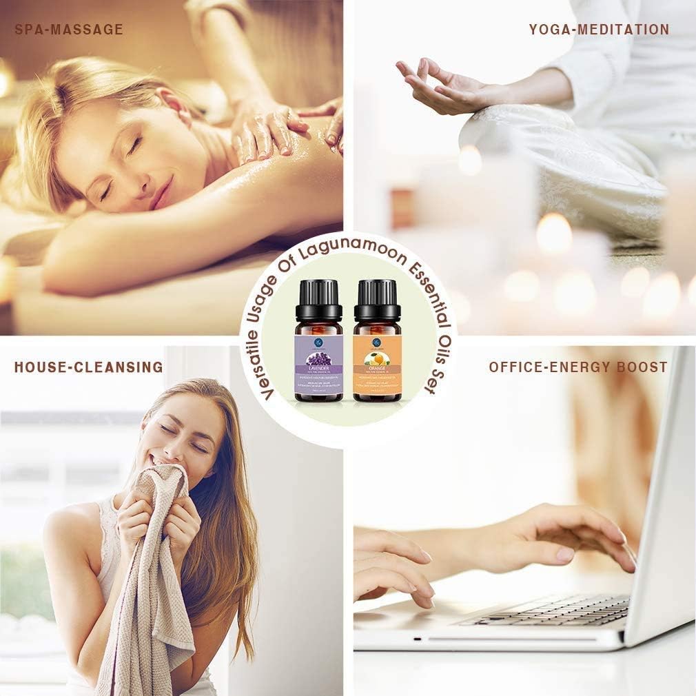 Lagunamoon Essential Oils Set, Aromatherapy Oils Set Includes Lavender, Tea Tree, Peppermint, Lemongrass, Orange, Rosemary, Frankincense, Lemon, Rosemary, Cinnamon, and Ylang-Ylang - Pack of 12, 10ml: Health & Personal Care