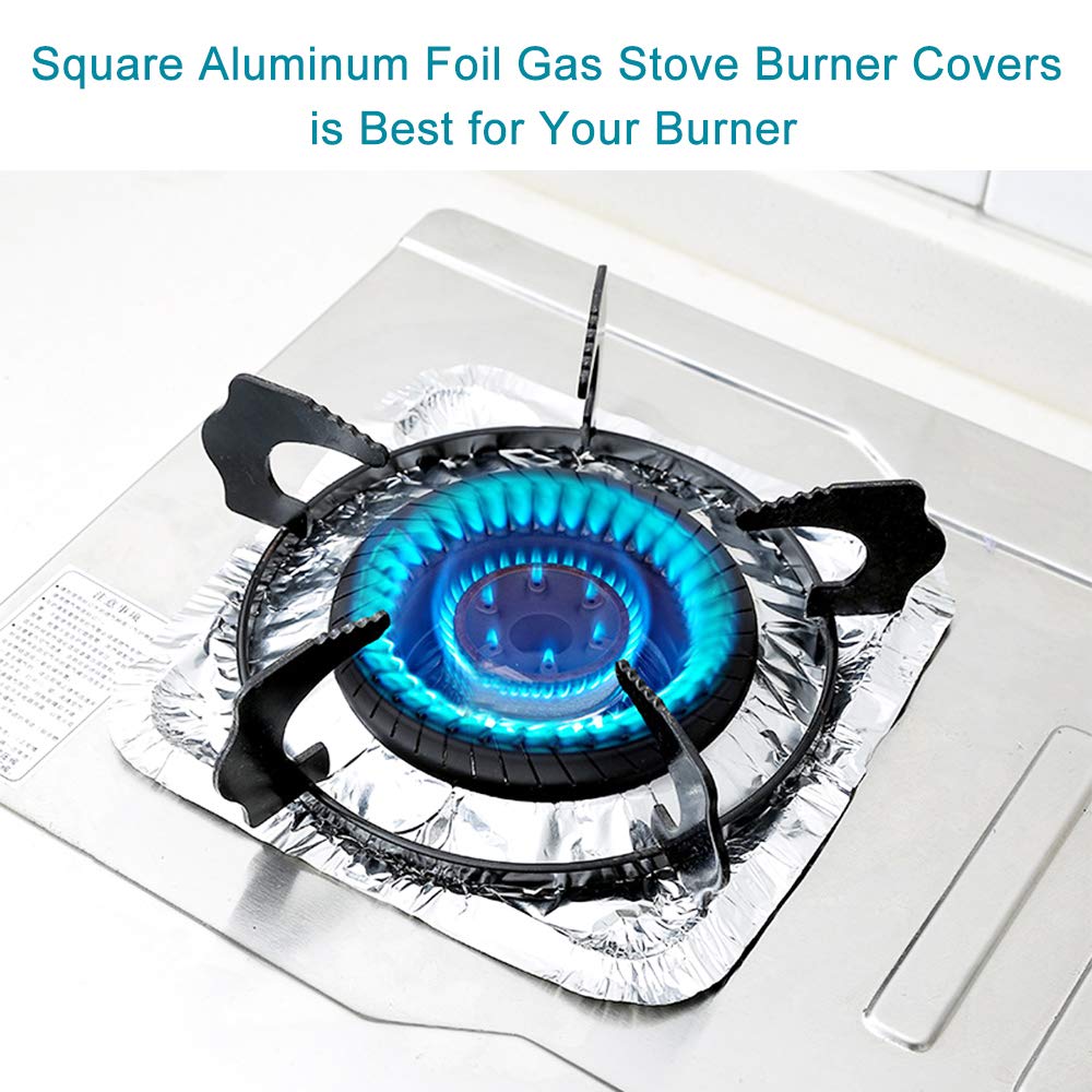 B. SHINE Foil Stove Burner Covers - Aluminum Foil Gas Range Protectors Gas Stove Burner Liners, Disposable, Size 8.66”x 8.66”, 50 Pack