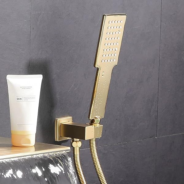 JIAYOUJIA WALL MOUNTED TUB FAUCET SET WITH HANDHELD SHOWER MODERN SINGLE HANDLE WATERFALL SPOUT TUB FILLER SOLID BRASS IN BRUSHED GOLD