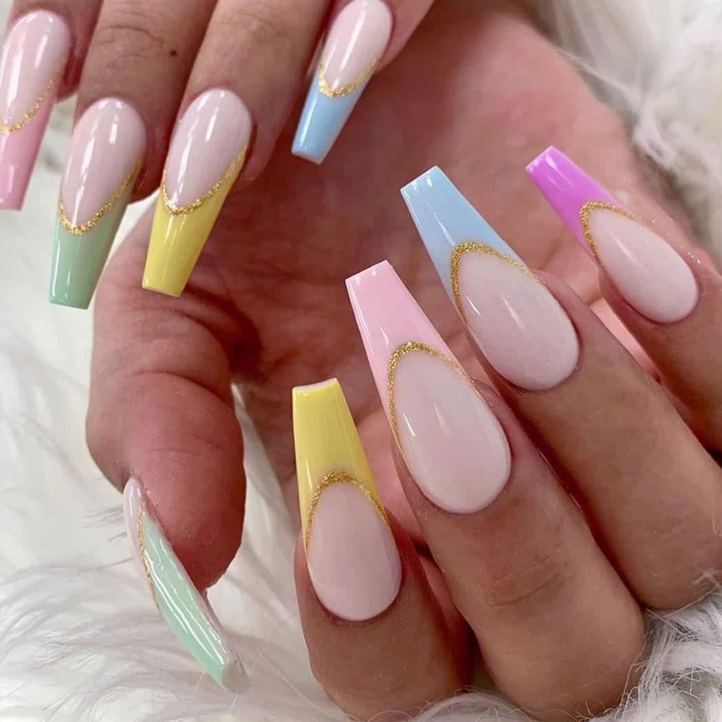 Vatocu Coffin False Nails Long French Press on Nails Glitter Rainbow Fake Nails Full Cover Bellarina Acrylic Stick on Nails for Women and Girls(24pcs)