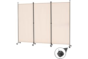 Spurgehom 3 Panel Rolling Room Divider, Folding Partition Privacy Screens, Freestanding Fabric Room Panel, Portable Folding Wall Divider for Office, Room, Restaurant, Hospital (Beige)