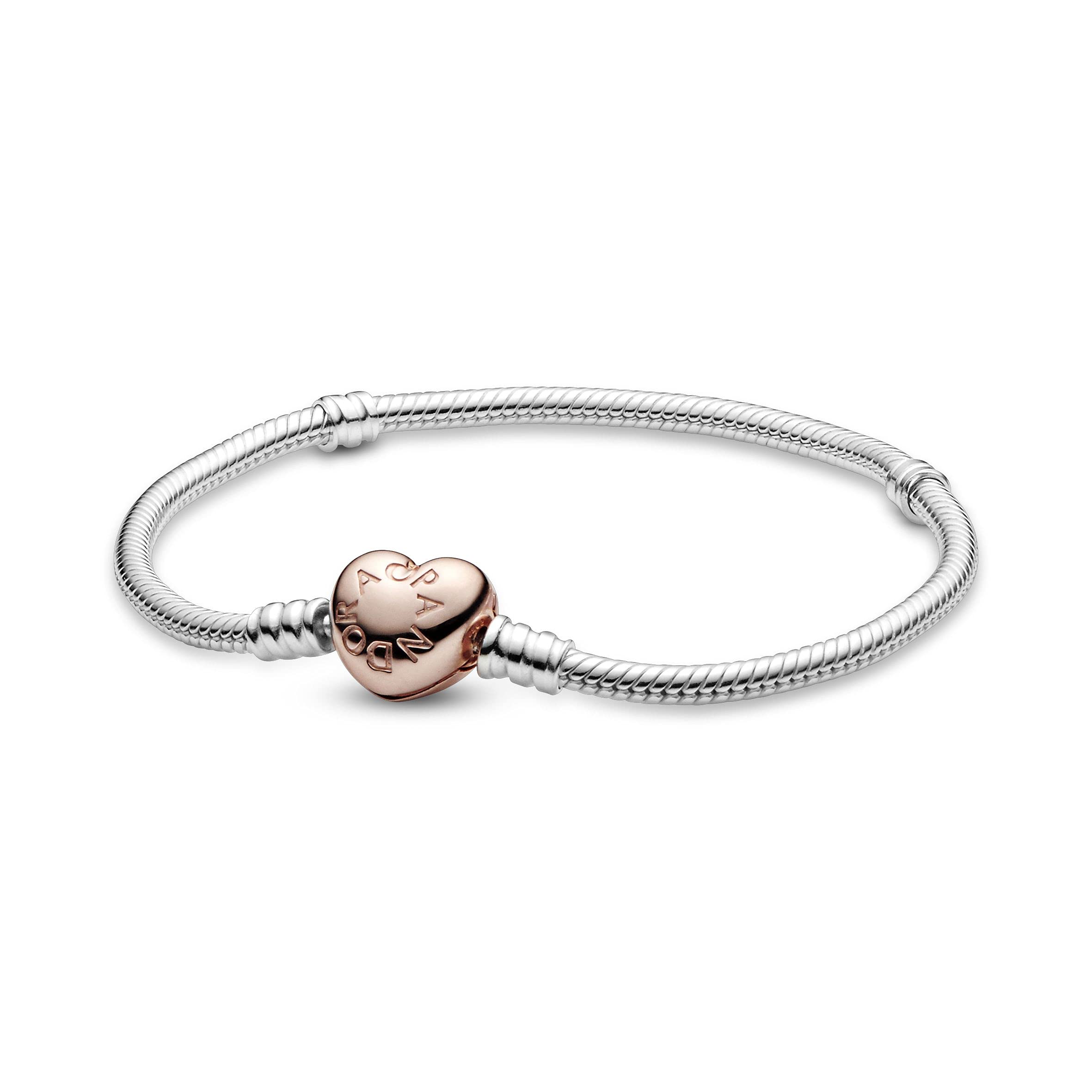 PANDORA Moments Women's 14k Rose Gold-Plated and Sterling Silver Heart Clasp Snake Chain Bracelet for Charms, Size 17, No Box