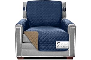 Sofa Shield Armchair Slip Cover with Patented Strap, Cushion Protector, US Designed Reversible Stain and Dog Tear Resistant Slipcover, 23 inch Seat, Washable Covers for Dogs Pets, Navy Sand