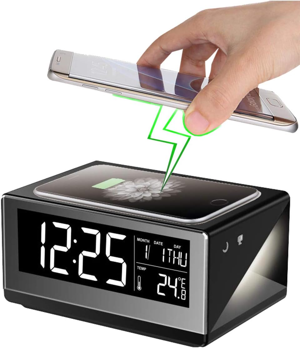 Boytone BT-12B Fast Wireless Charging Digital Alarm Clock with Temperature & Calendar Display, Bed Light Touch Dimmer, Snooze, 5 inch Full Screen LED for Bedroom, Office, Hotel, Desk, 110/220 Volt
