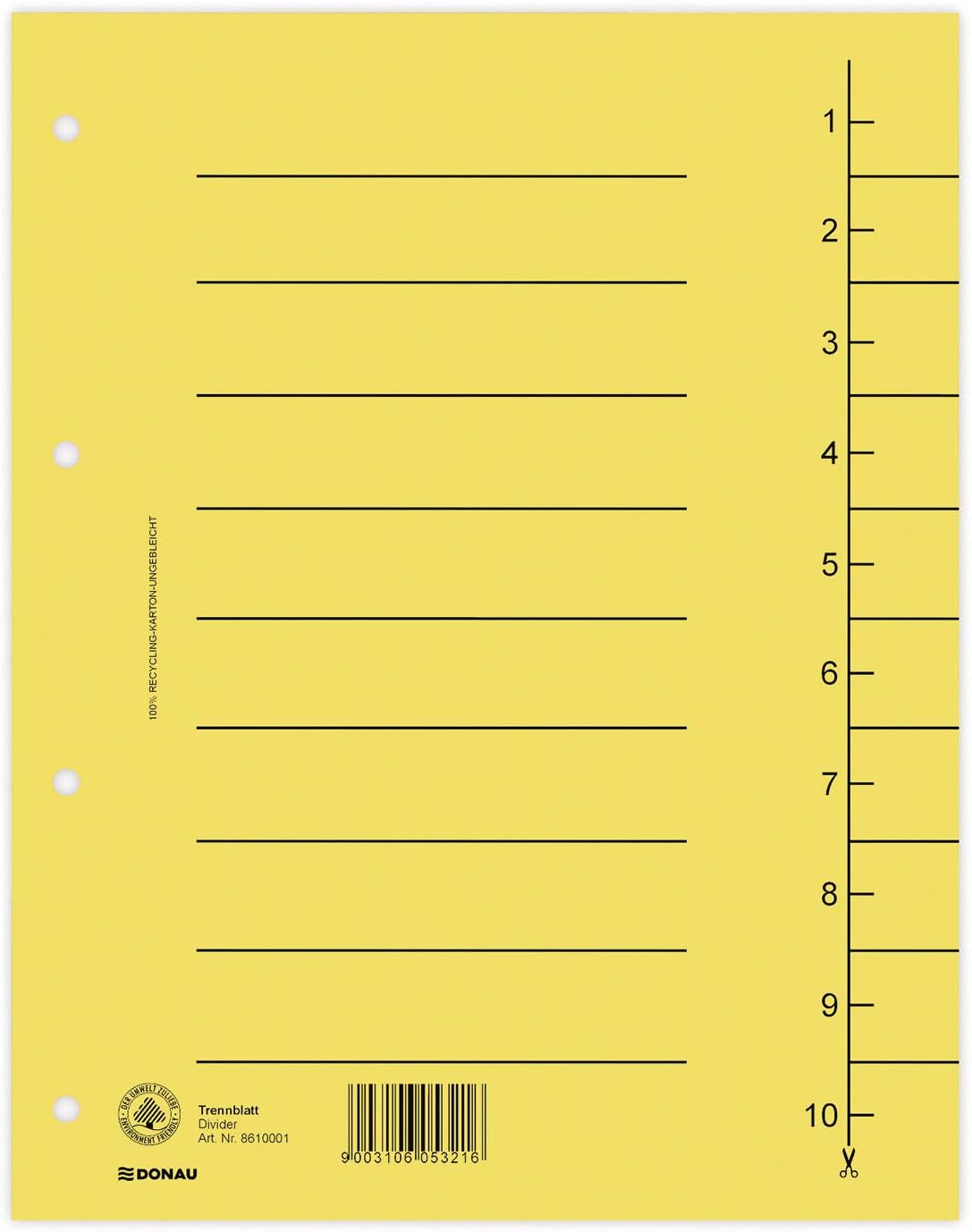 DONAU 8610001-11 Pack of 100 Dividers Yellow Recycled Cardboard 250 g/m² with Line Print for DIN A4 4-Hole Dividers Dividers Folder Index