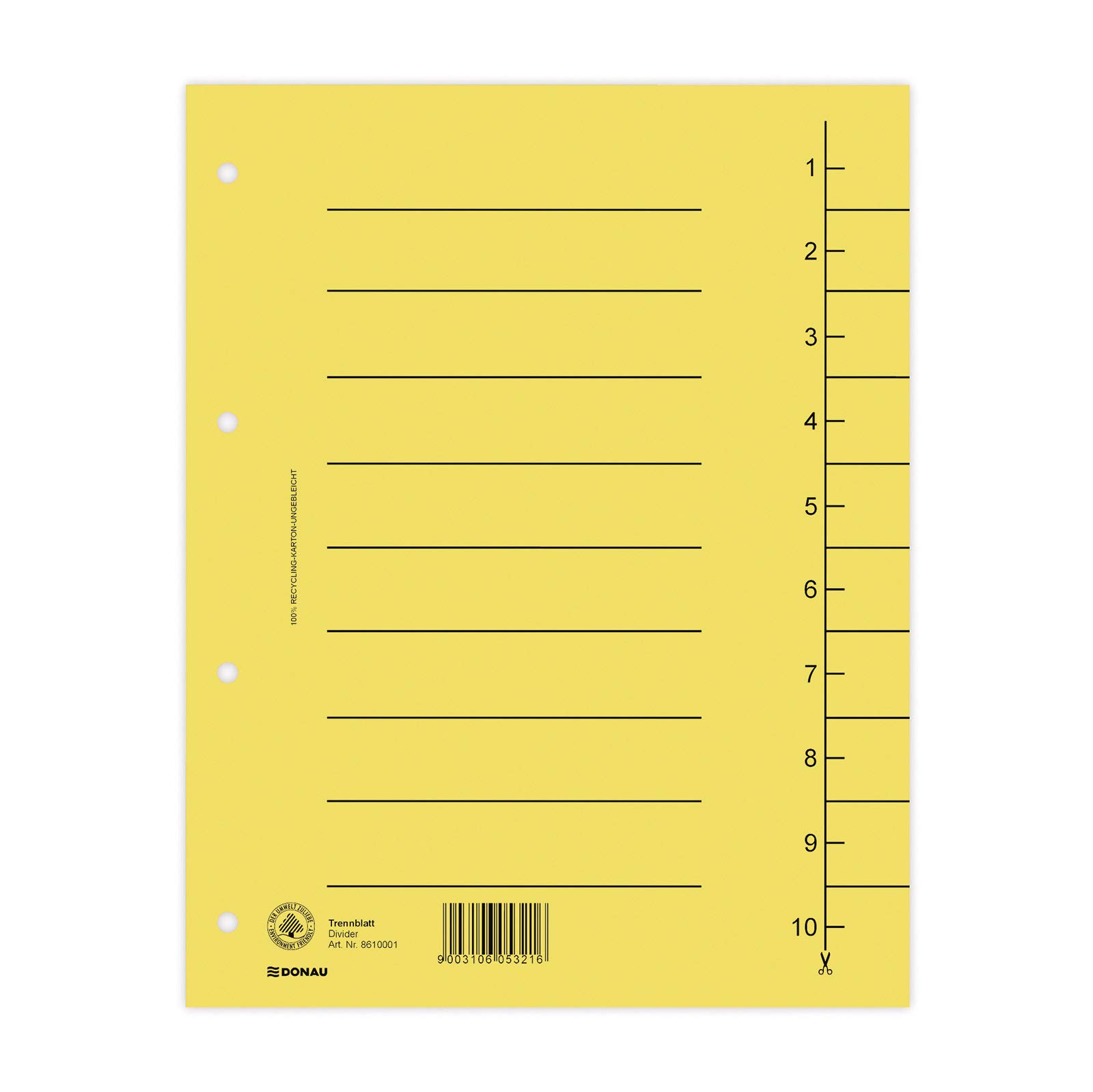 DONAU 8610001-11 Pack of 100 Dividers Yellow Recycled Cardboard 250 g/m² with Line Print for DIN A4 4-Hole Dividers Dividers Folder Index