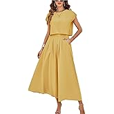 HangNiFang Summer Skirt Sets Women 2 Piece Outfits Cap Sleeve Top Elastic Waist Maxi Dress Sets with Pockets