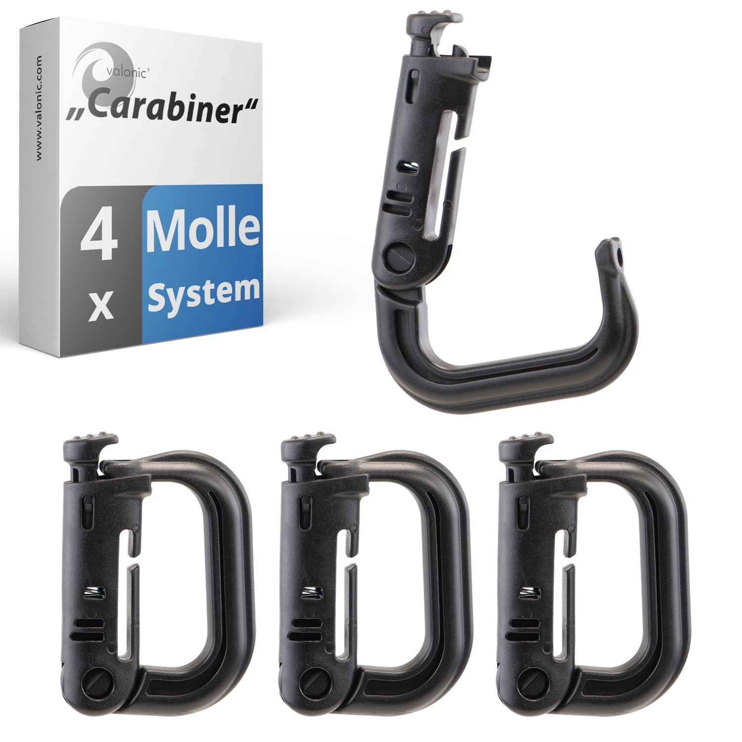 valonic Grimloc carabiner, 4 pack, very robust, black and stable plastic D-ring for tactical backpacks and bags with 1" / 25mm strap for attaching equipment, Molle