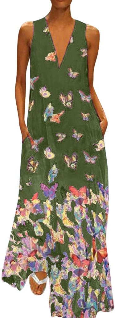 KPILP Women Dress Casual Butterfly Print Dress Sleeveless Loose Party Long Dress Summer Fashion Beach Elegant Maxi Dress