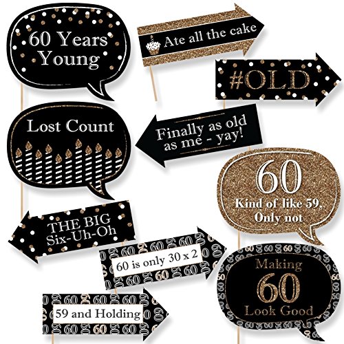 Big Dot of Happiness Funny Adult 60th Birthday - Gold - Birthday Party Photo Booth Props Kit - 10 Piece