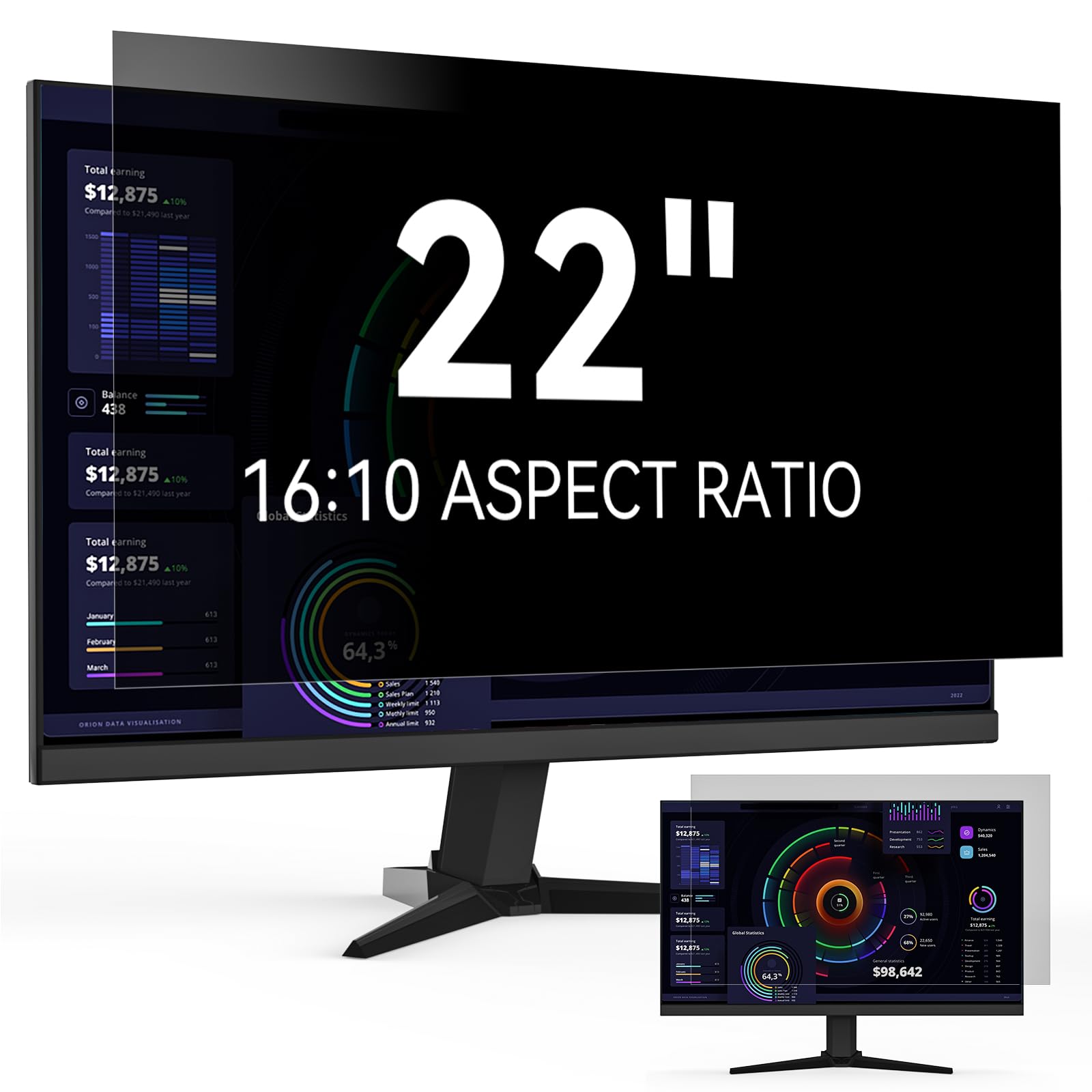 22 Inch Computer Privacy Screen Filter for 16:10 Widescreen Monitor, Removable Eye Protection Anti Glare Blue Light Filter Privacy Shield, Anti Scratch Anti Spy Screen Protector Film 22 In